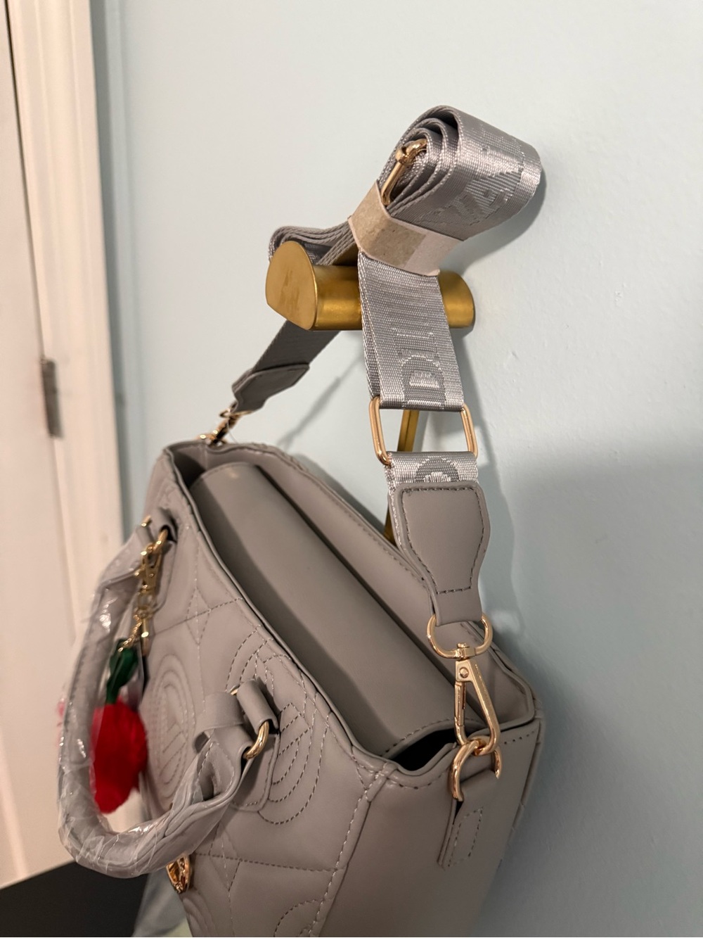 Valentino Orlandi light grey Quilted Satchel with FREE Red Pom Cherry Charm! NWT - Picture 10 of 11